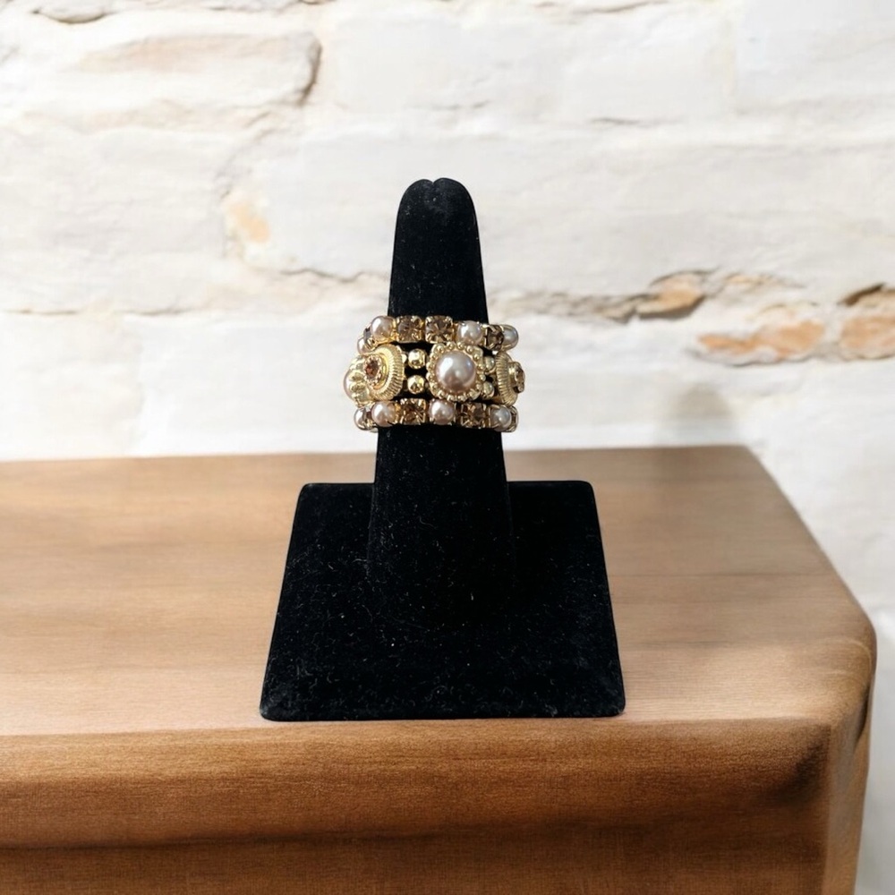 Elegant Gold and Pearl Women's Three Ring Elastic Stretchy Ring